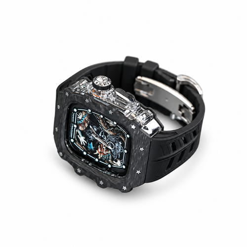 Frostline carbon fiber mod case - Clear case, black strap, silver clasp