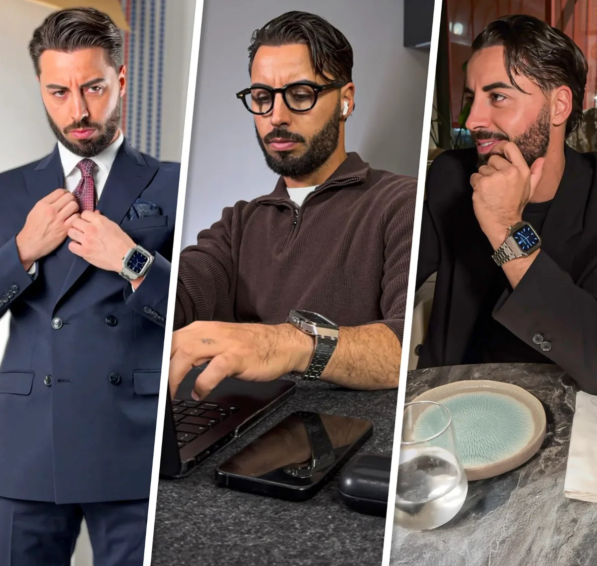 Three styling ideas for a metal Apple Watch case: a tailored suit, smart-casual workwear and an evening jacket