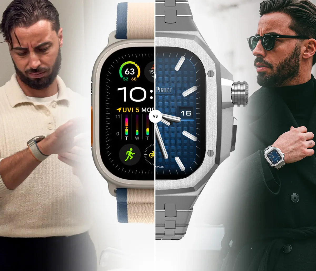 Styling comparison: an Apple Watch with a fabric band and a metal ModCase look with a bracelet