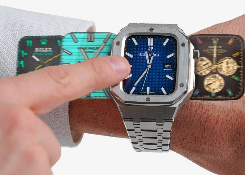 A selection of analog-style watch-face designs alongside a silver ModCase